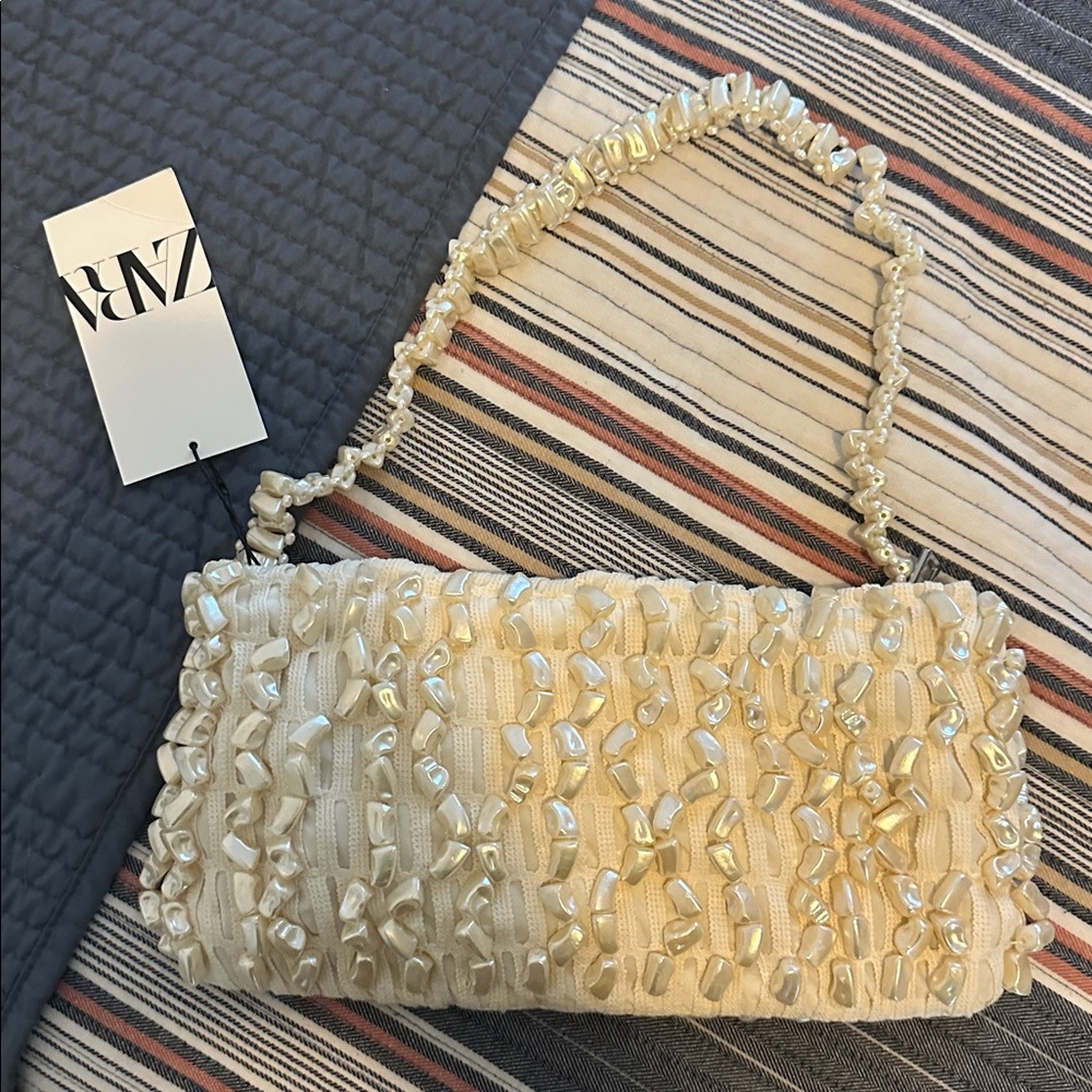 Zara Ivory Beaded Clutch NWT